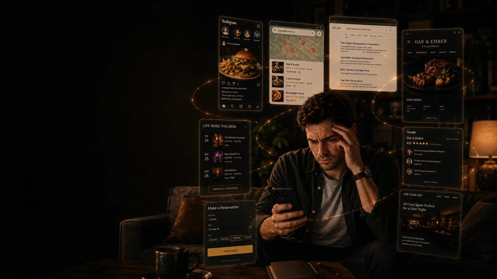 Restaurant discovery information including menus, food, events, offers, and planning details